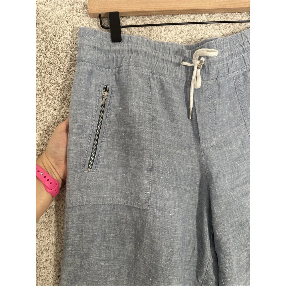 Athleta Cabo Wide Leg Pants Size 10 100% Flax Linen Light Blue Zip Pockets Vacay - Picture 2 of 10